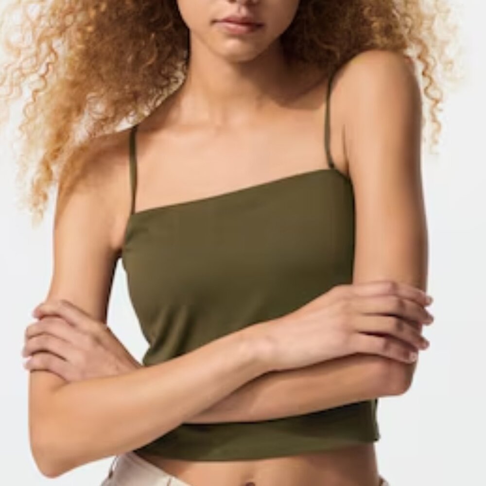 NWT AIRism Cotton Cropped Tube Built-in Bra Top in Olive Size XS
